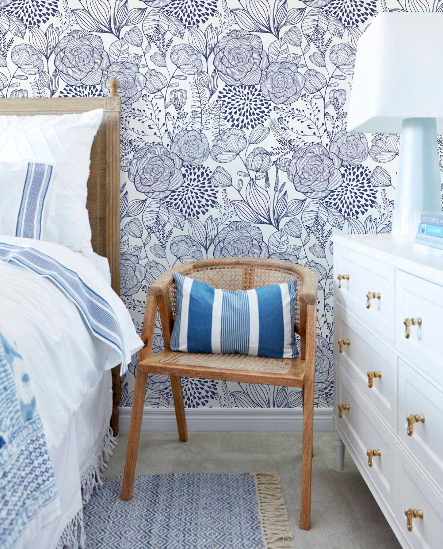 Wudnaye Navy Blue Floral Peel and Stick Wallpaper Blue and White Wallpaper 16.9"×118" Navy Floral Stick and Peel Wall Paper Flowers Contact Paper Self Adhesive Removable Waterproof for Bathroom Decor