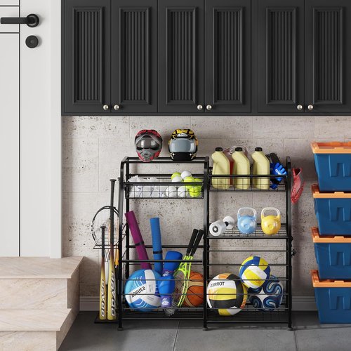 Garage Sports Equipment Organizer - Mobile Ball Storage Rack with Elastic Rope | Indoor/Outdoor Use, Black