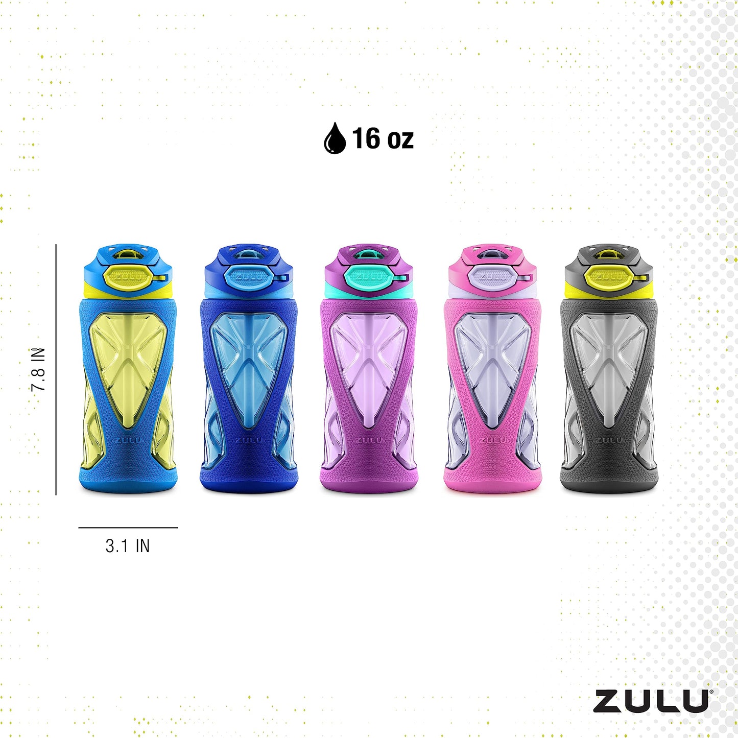 ZULU Torque 2 Pack 16oz Plastic Kids Water Bottle with Silicone Sleeve and Leak-Proof Locking Flip Lid, Soft Touch Carry Loop for School Backpack, Lunchbox, BPA-Free Dishwasher Safe, Grey/Green