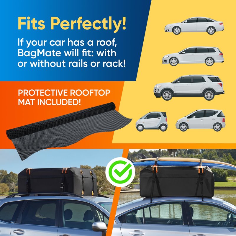 BAGMATE Car Roof Bag - Car Rooftop Cargo Carrier Bag – 19 Cubic Ft Waterproof Roof Rack Cargo Carrier, Includes Anti-Slip Mat, 4 Door Hooks, Reinforced Zipper/Buckle, with or Without Rack