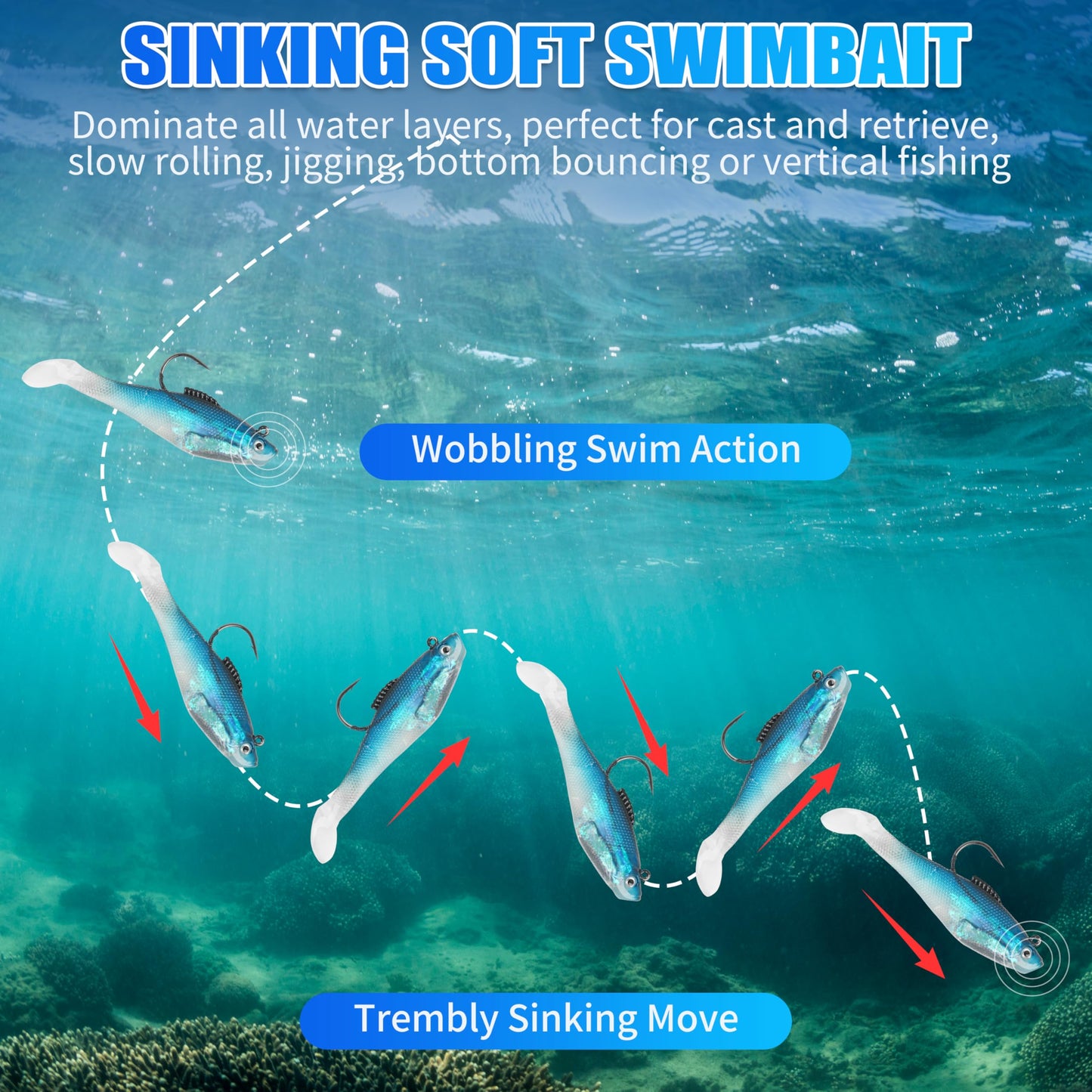 Paddle Tail Swimbaits, Pre-Rigged Soft Fishing Lures Jig Head Lifelike Swim Shad Lures Swimbait with Weighted Hook for Bass Walleye Trout Pike Crappie Striped Bass
