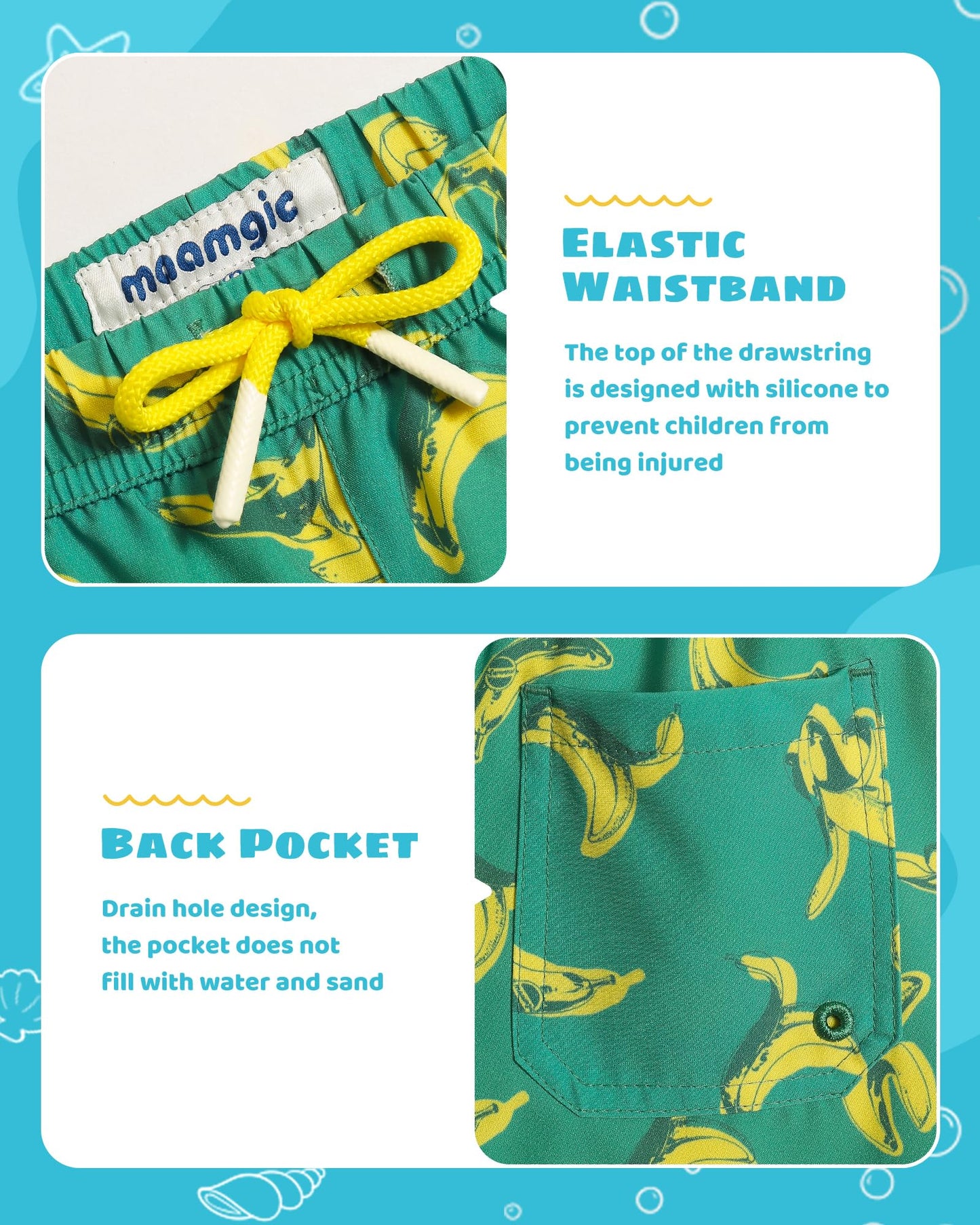 maamgic Boys Swim Trunks with Compression Liner Toddler Stretch Swim Shorts Quick Dry Swimming Trunks Boxer Brief 2 in 1 Beach Shorts Green Banana Eating 3T