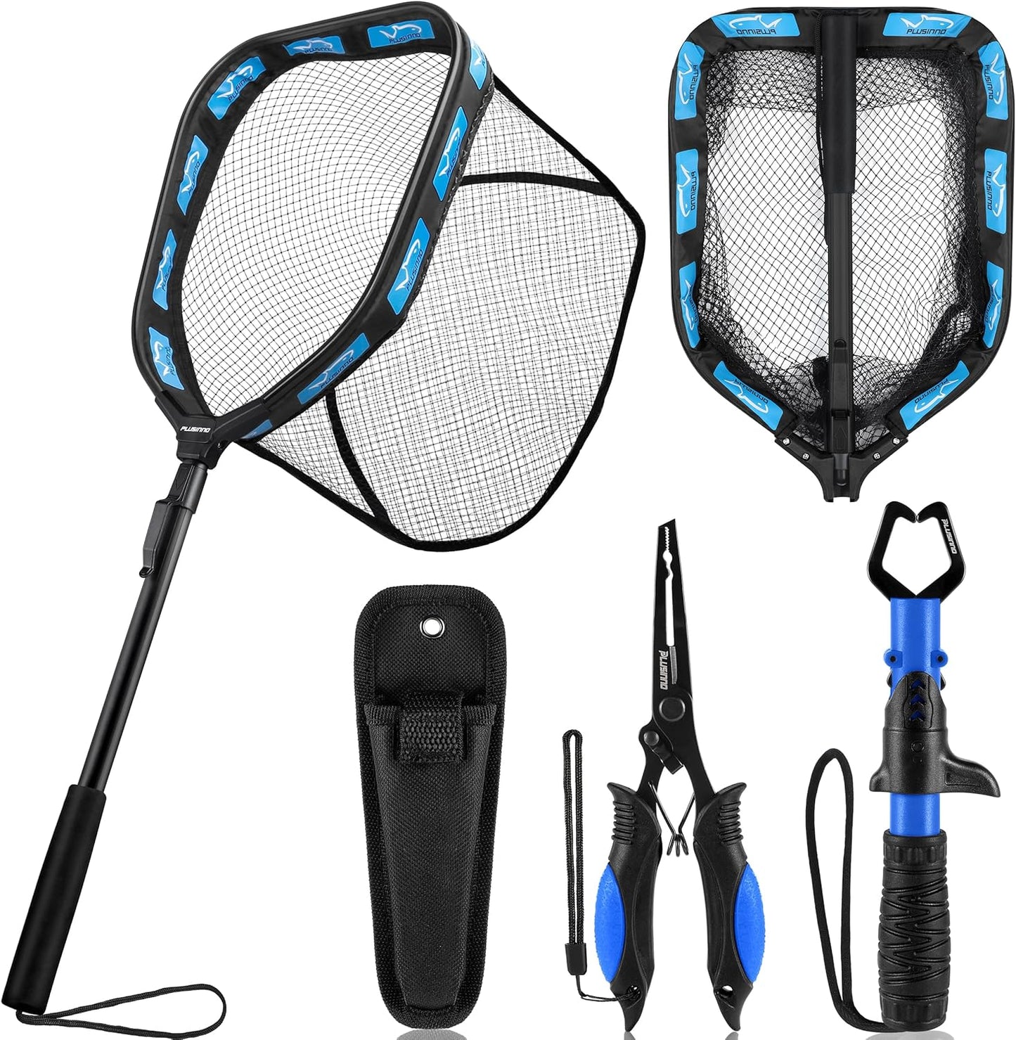 PLUSINNO Floating Fishing Net - Rubber Coated, Foldable Landing Net for Steelhead, Salmon, Bass, Trout | Telescoping Handle