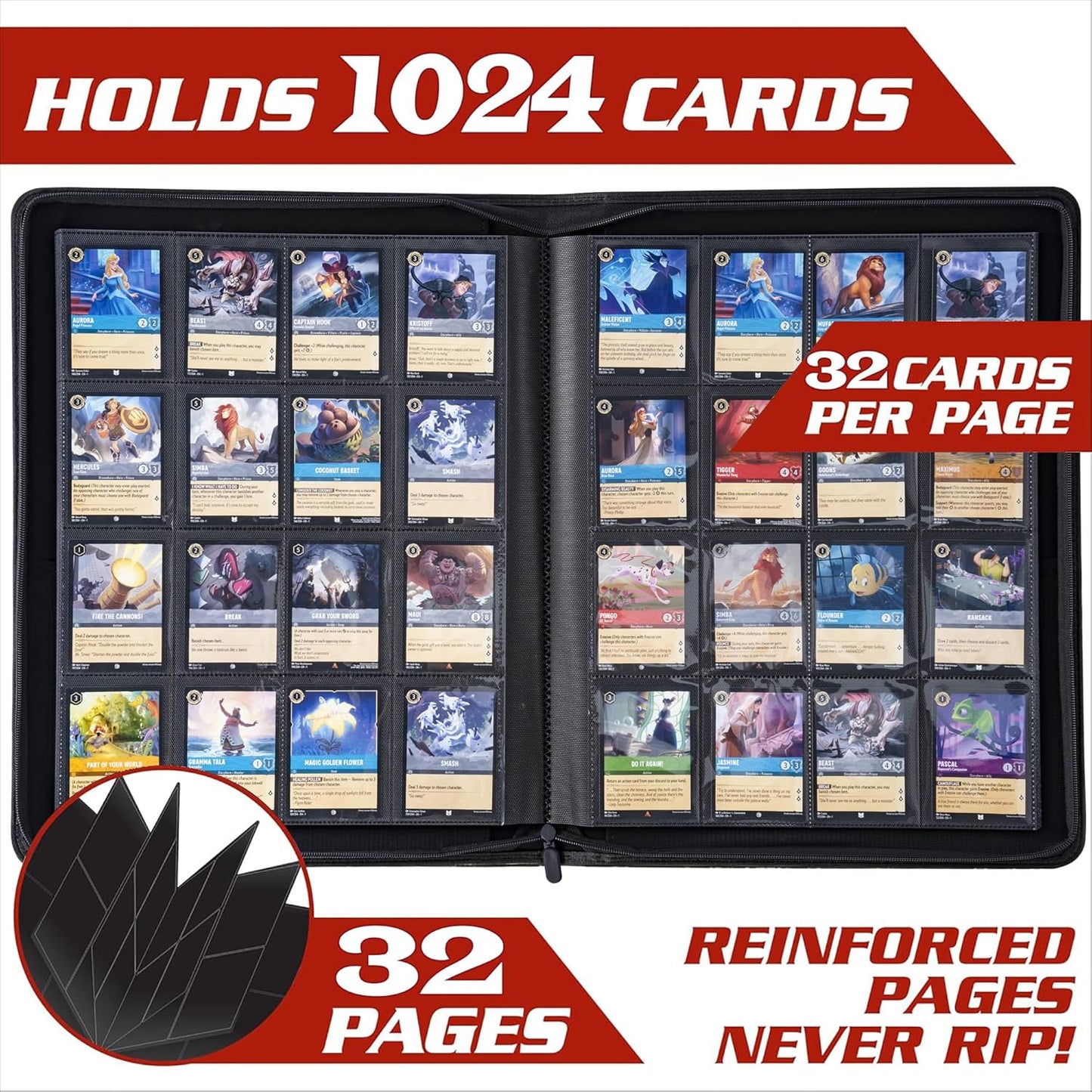 Skiennix Lorcana Card Binder - Premium 16 Pocket Trading Card Album for 1024 Cards | Classic Red