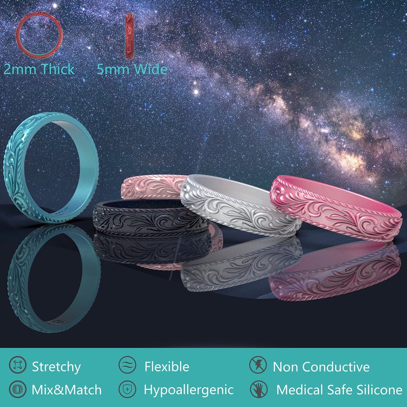 Zollen Silicone Wedding Rings for Women 4 Packs -Metallic Stackable Silicone Rubber Wedding Bands - Innovative Vine Collection, Size 8