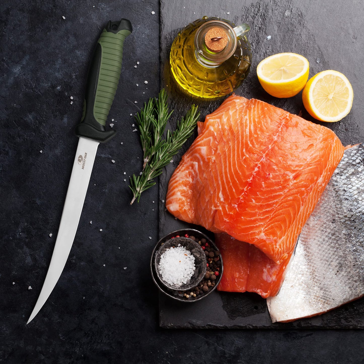 Mossy Oak 3-Piece Fishing Fillet Knife Set with Protective Sheath, Stainless Steel Filet Knives with Non-Slip Handle, Bait Knife for Filleting and Boning (Military Green)