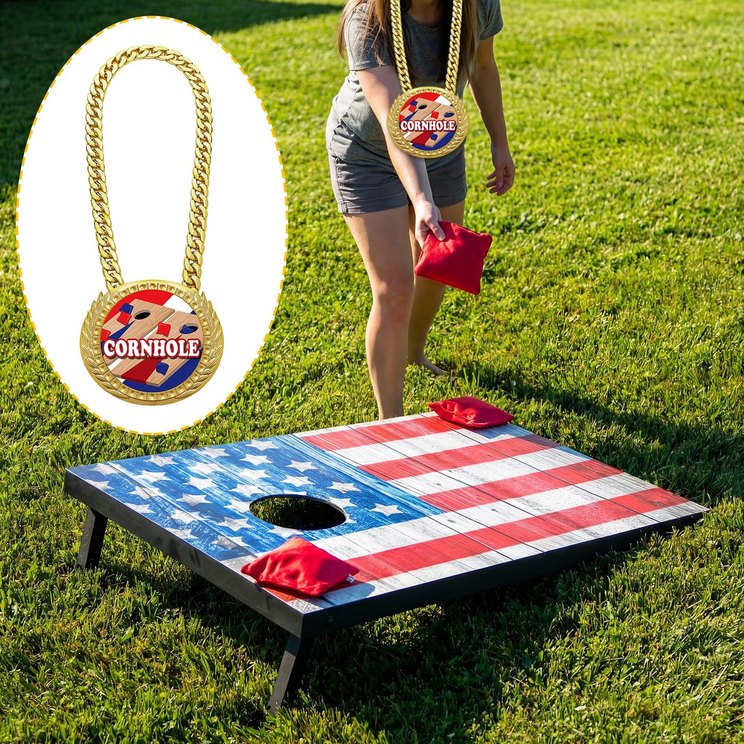 Tondiamo Sports MVP Turnover Chain Medal 6" Big Gold Champ Award Necklace Chain Baseball Basketball Football Soccer Softball Volleyball Competitions Prize Gifts Party Favors (Corn Hole)