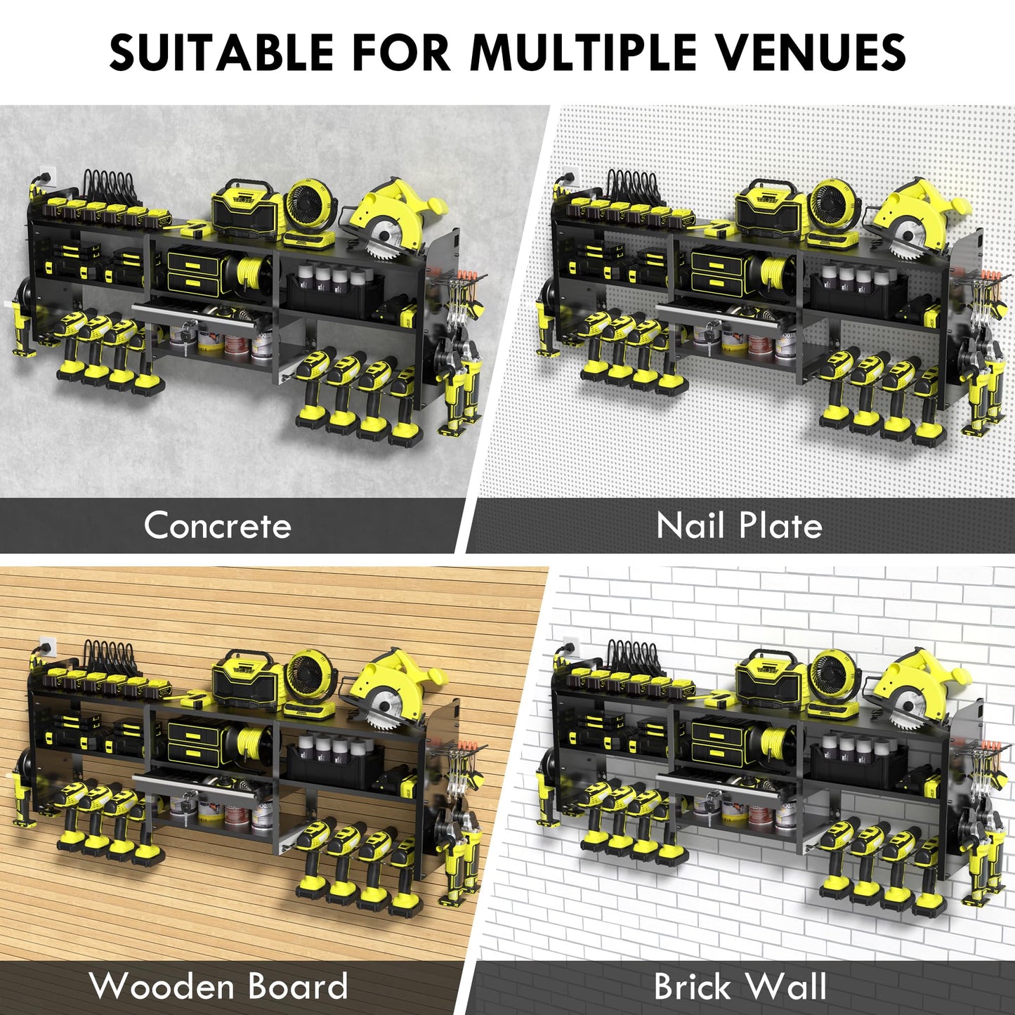 KSVO Large Power Tool Organizer Wall Mount with Drill Rack, Grinder Holder, Hammer & Pliers Rack, Locking Drawers & 6-Outlet Charging Shelf – Heavy Duty Metal Tool Storage for Garage & Workshop