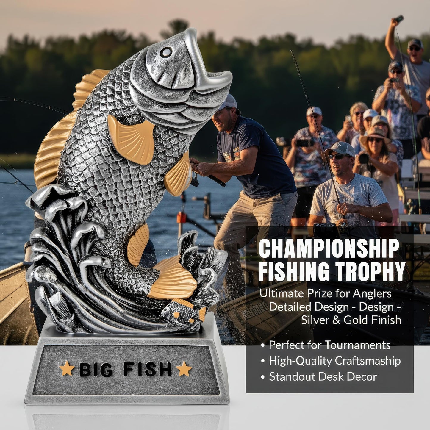 Funny Big Fish Trophy Award - 6" Handmade Statue for Best Catch - Unique Fishing Gift for Dad, Husband, Grandpa & Anglers - Tournament Prize, Father's Day & Birthday Gag Gifts, Man Cave Decor