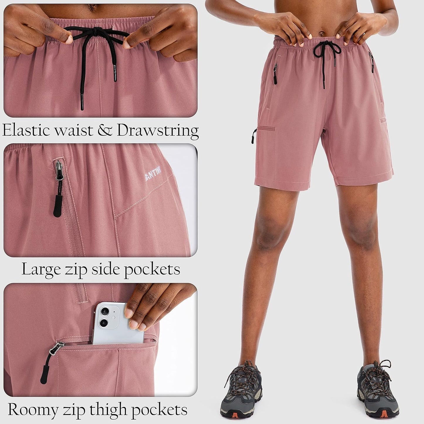 SANTINY Women's Hiking Cargo Shorts - Quick Dry, Lightweight Summer Athletic Shorts with Zipper Pockets