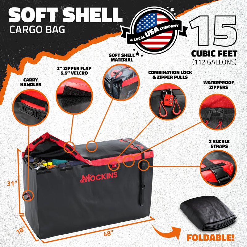 Mockins 15 CuFt Weatherproof Trailer Hitch Cargo Carrier Bag w/ 4 Packing Cubes | 48"x18"x31" Waterproof Cargo Bag for Hitch Carrier & Truck Bed Storage | Vehicle Soft-Shell Carriers w/Straps & Lock
