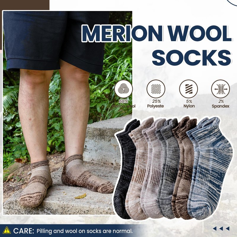 AMENLAN Merino Wool Ankle Socks Running Half Cushioned Men Women Hiking Thick No Show Socks 6 Pairs (Black/Grey/Brown,Medium)