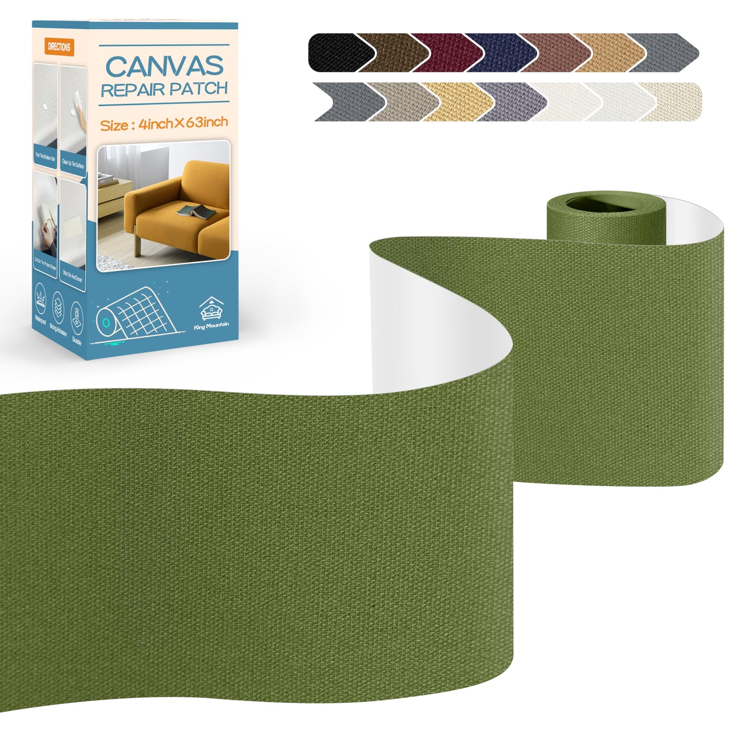KING MOUNTAIN Canvas Repair Tape,Outdoor Gear Patch, 4×63 Inches,Waterproof,Self-Adhesive for Repairing Boat Covers,Sun Shades,Sofas,Tents,Lounge Chairs,Awnings (Grass Green)
