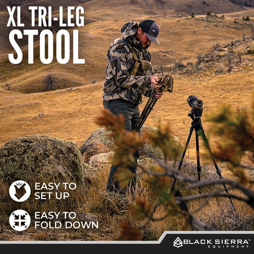 Black Sierra Folding Hunting Stool w/Shoulder Strap Supports 225 lbs, Lightweight Collapsible Tripod Seat, Foldable Steel Frame Chair Perfect for Hunting