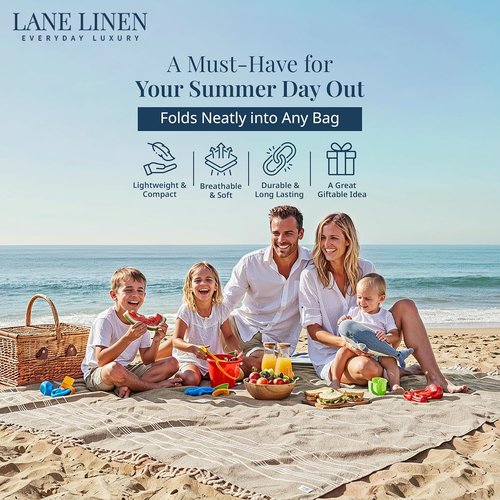 LANE LINEN Picnic Blanket - Sandproof Turkish Beach Blanket, Lightweight & Quick-Dry, 82"x82", Beige