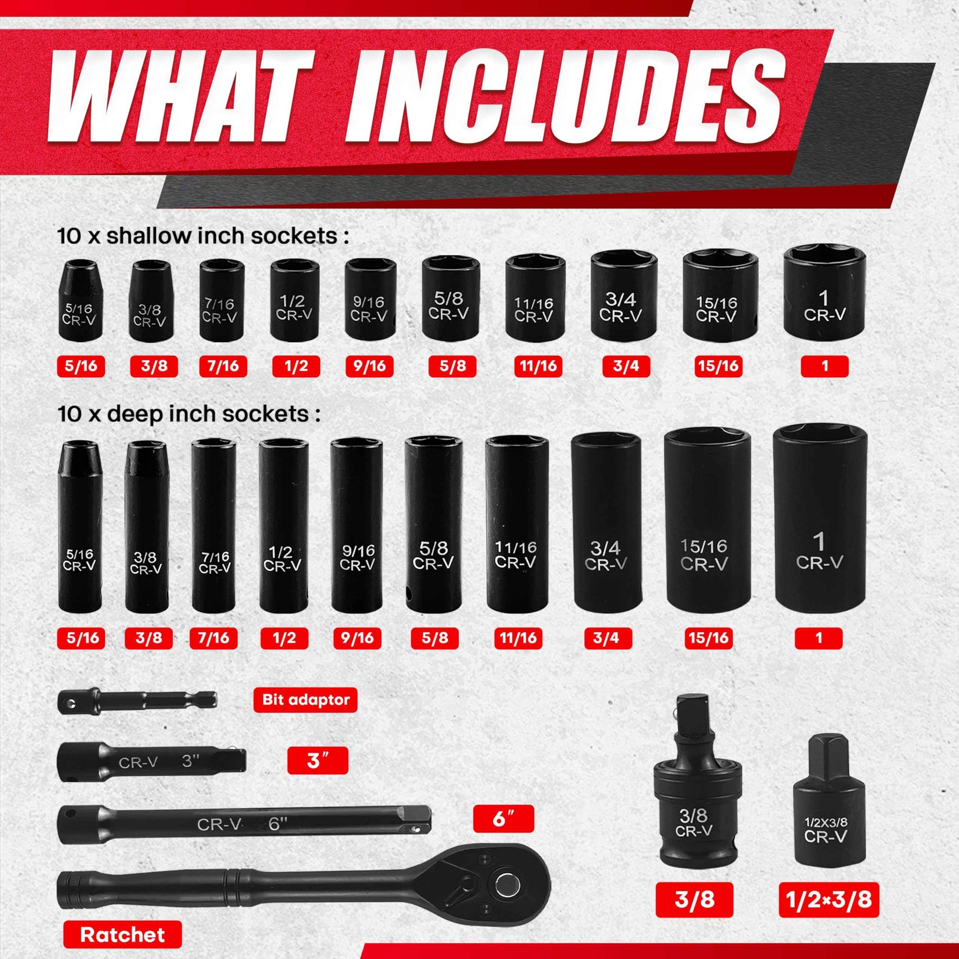 EACELIY 64pcs 3/8" Socket Set,Drive Impact Socket Set, SAE/Metric, Deep & Shallow, Cr-V Steel, 6 Point with Adapters, 72T Ratchet Handle, Extension Bars，Bit Adapter，6-24mm，5/16-1 inch