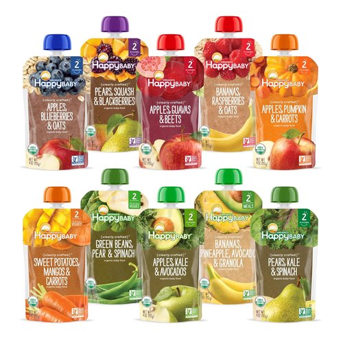 Happy Baby Organics Stage 2 Baby Food Pouches - Gluten Free Vegan Fruit & Veggie Puree Variety Pack | 4 Oz (Pack of 10)