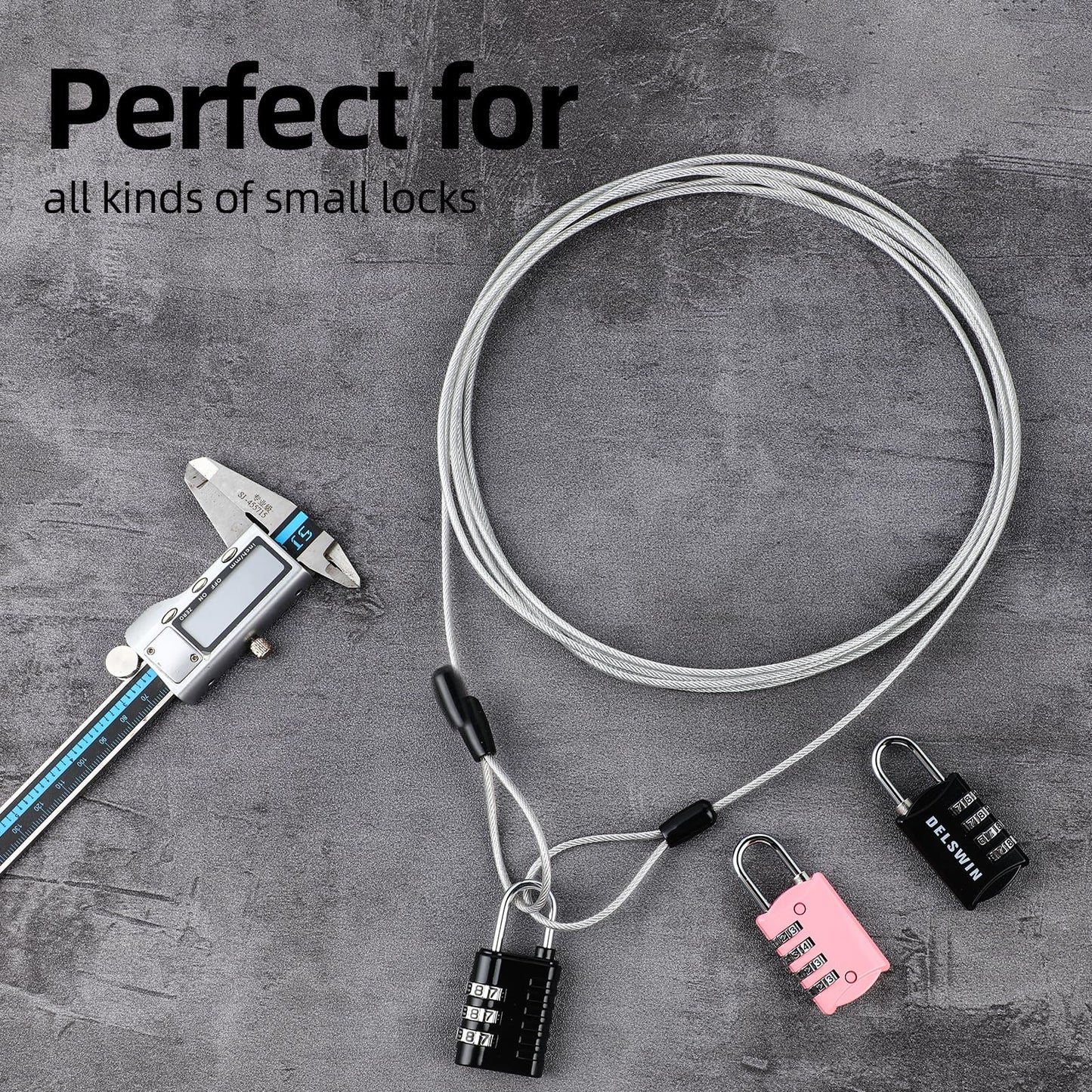 DELSWIN Security Steel Cable with Loops - 3mm (1/8 inch) Thick 15FT Heavy Duty Safety Wire Bike Lock Cable Vinyl Coated Braided Cable for Luggage,Ropes of Metal