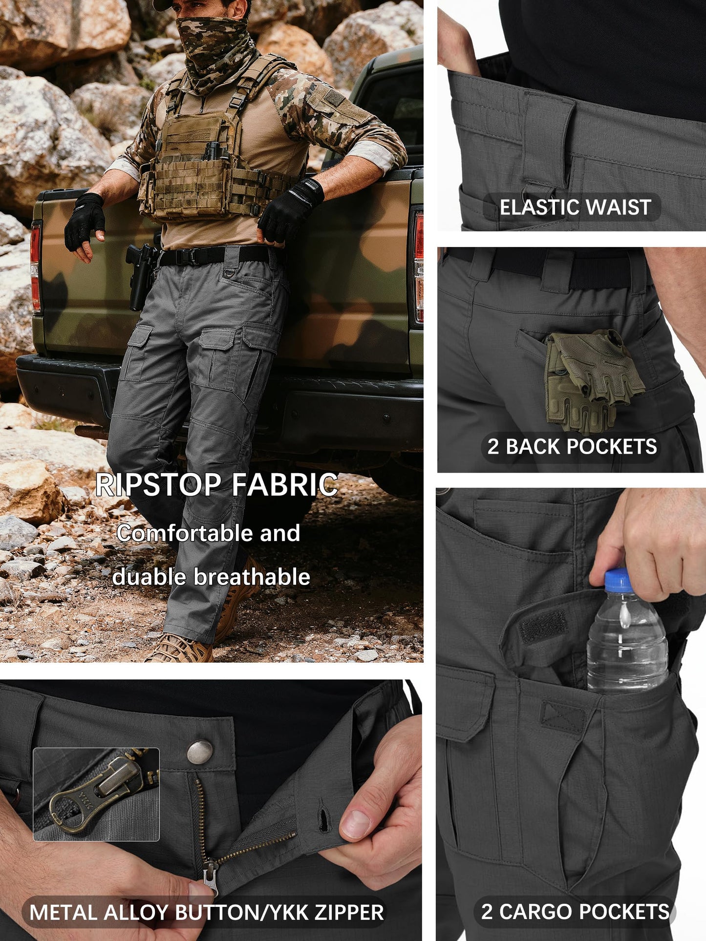 Men's Tactical Pants Water Resistant Stretch Cargo Ripstop Pants Lightweight Outdoor Military EDC Work Hiking Pants Grey 32W×34L