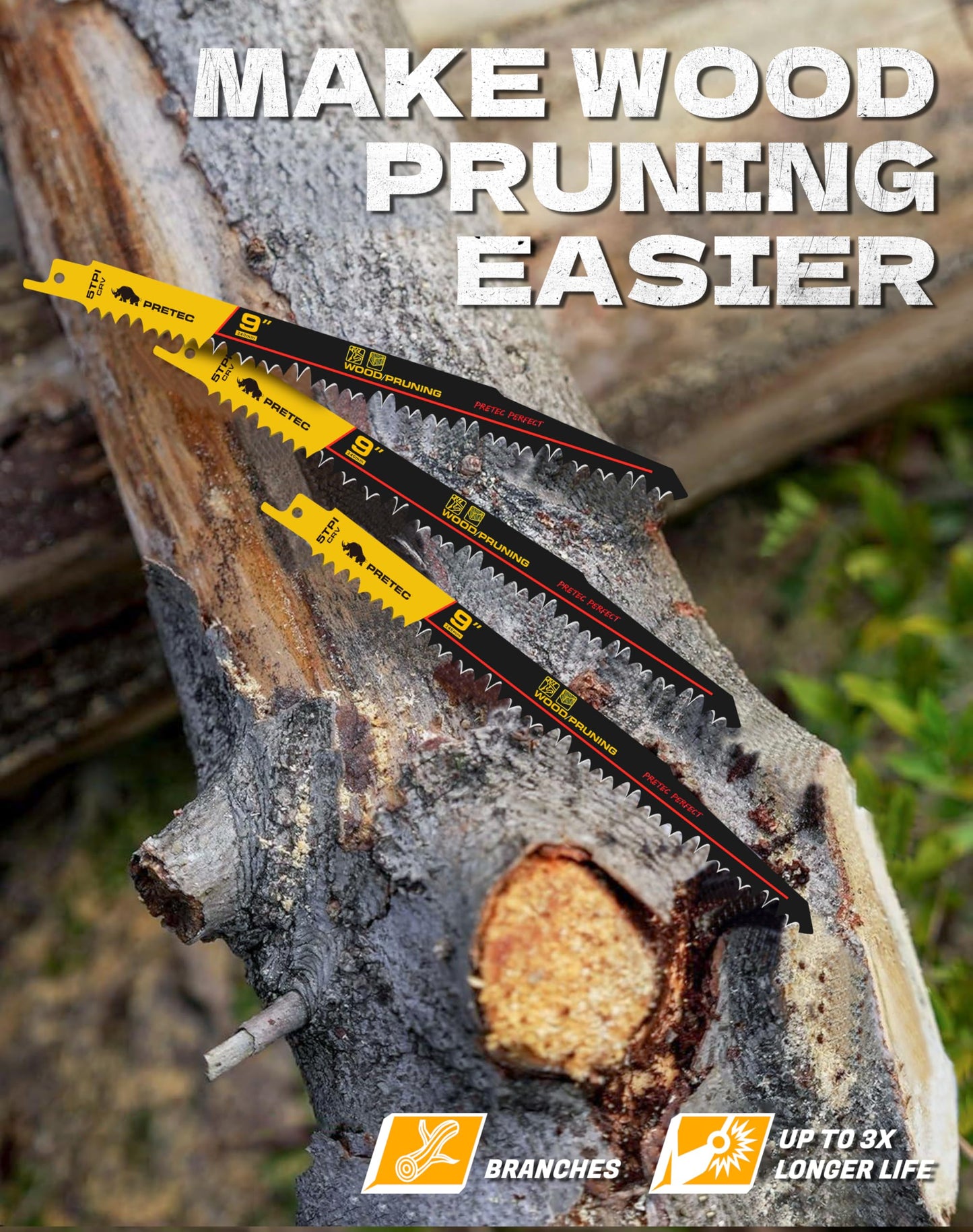 PRETEC Wood Pruning Reciprocating Saw Blades, 9 Inch Pruning Blades for Reciprocating Saw, High Carbon Steel Reciprocal Saw Blades for Tree Trimming, Wood Cutting with Organizer Case, (5 Pack/5TPI)