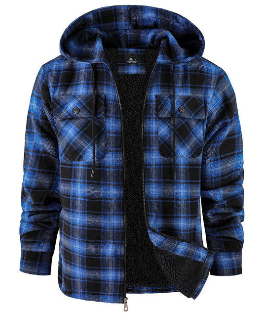 V VALANCH Men's Flannel Shirt Jacket with Hood Fleece Lined Plaid Jacket Zip Up Winter Warm Coat Black Blue XL