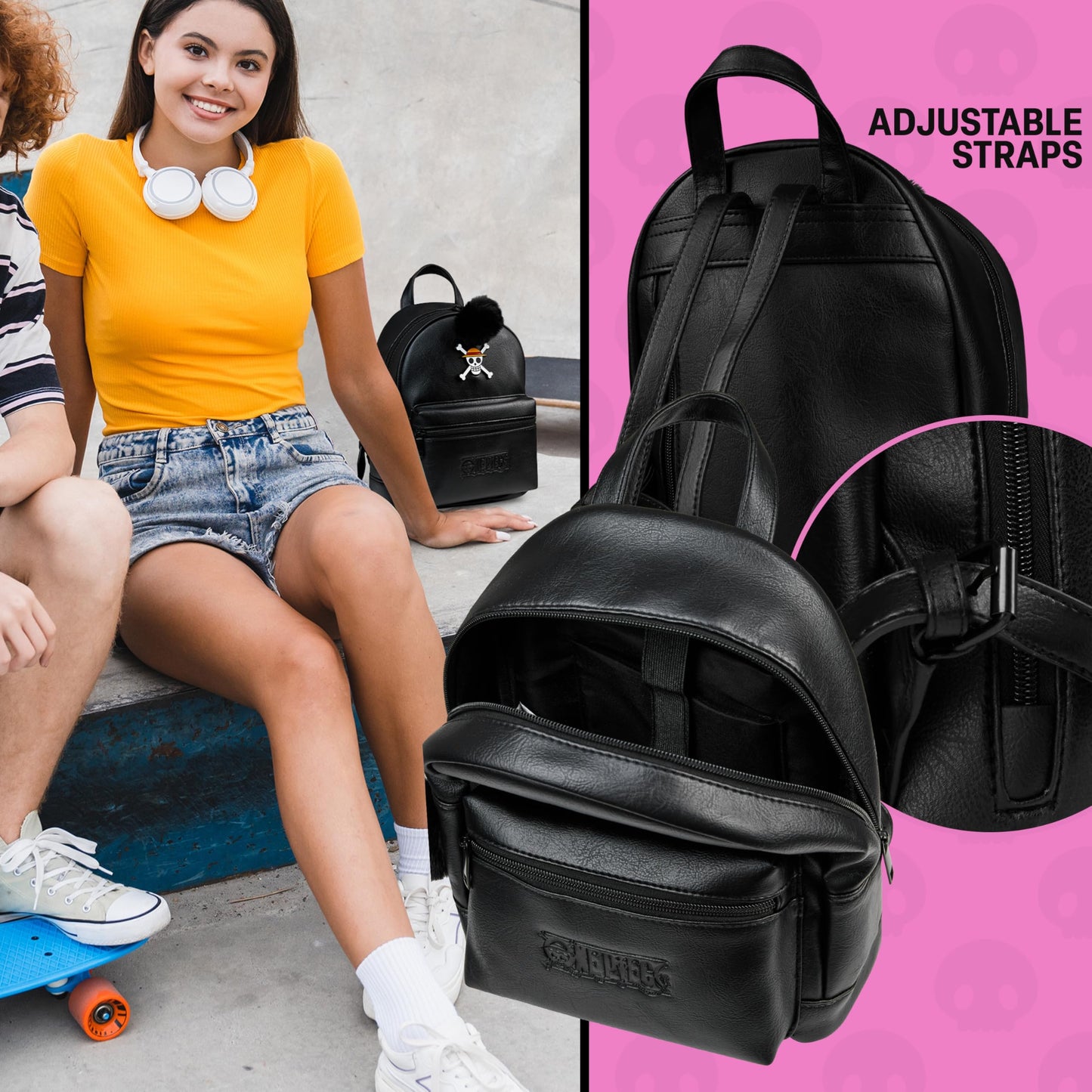 One Piece Mini Backpack for Women Teens Faux Leather Daypack, Small Rucksack, Anime Shoulder Bag with Pom Pom, Travel Gifts for Women