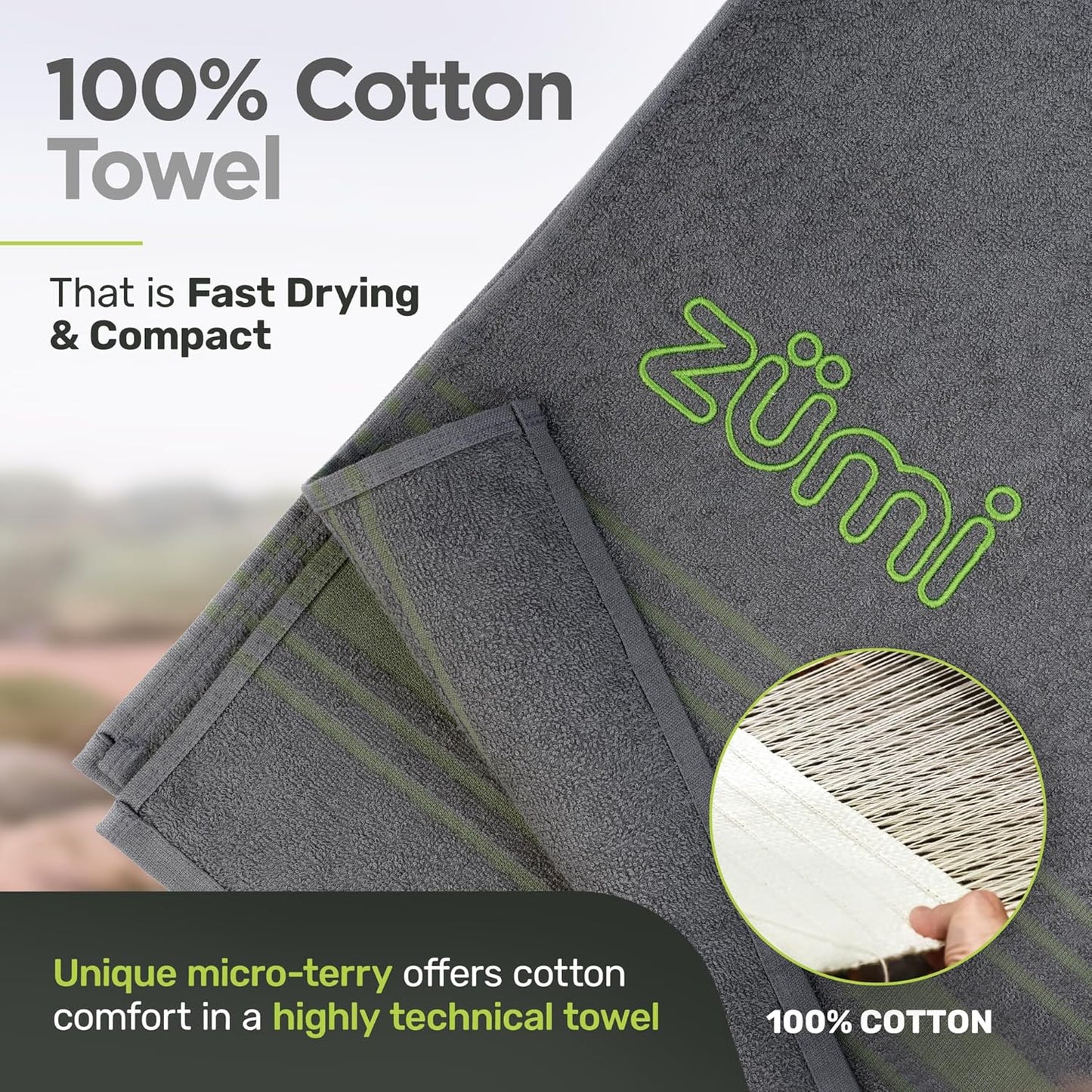 Zumi 100% Cotton Quick-Dry Travel Towel - Soft, Compact & Highly Absorbent | Lightweight Gray Towel for Beach, Gym & Bath
