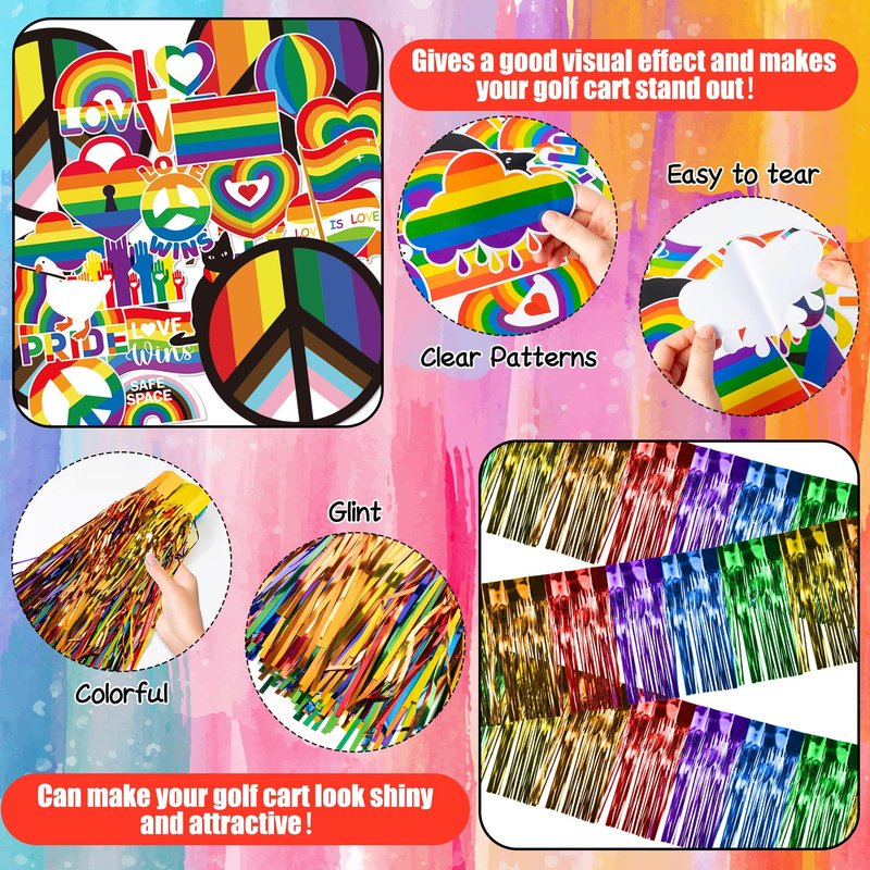 R HORSE LGBT Golf Cart Decoration Kit - 40Pcs Gay Pride Rainbow Parade Golf Cart Decor with Pleated Fan Flag, Tassel, Banner, Flags and Stickers for LGBT Pride Month Rainbow Festival Parade Events