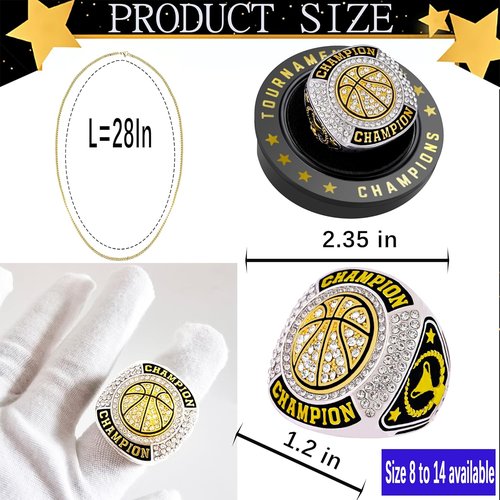 Championship Rings | 12 Pcs Basketball Trophy Set with Display Chains & Stands for League Winners