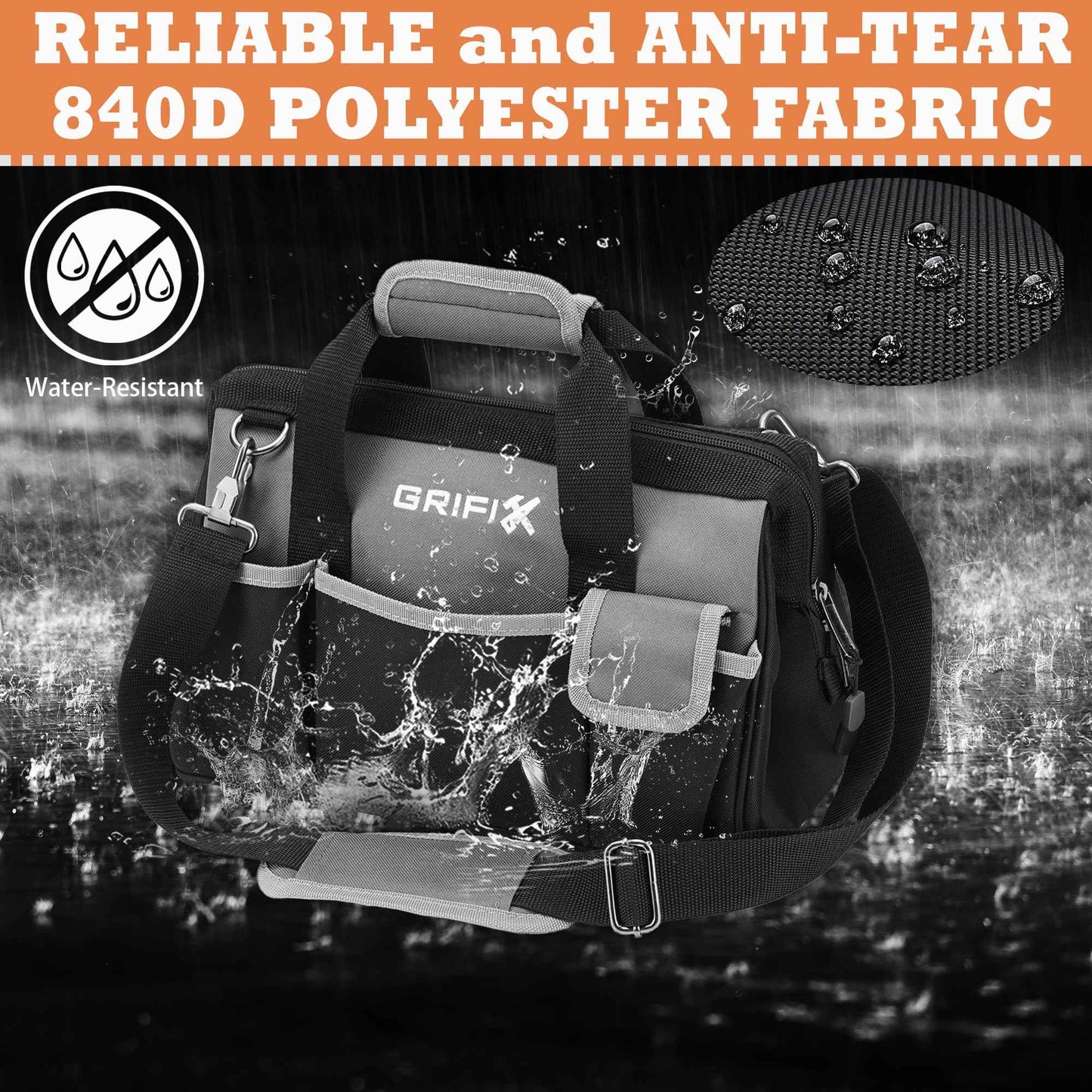 GRIFIX 14-inch Tool Bag, Portable Tool Box Organizer Storage, Wide Mouth Tool Tote Bag with Large Zipper, 14-Pocket Adjustable Shoulder Strap and Ergonomic Handle (14" Standard Base)