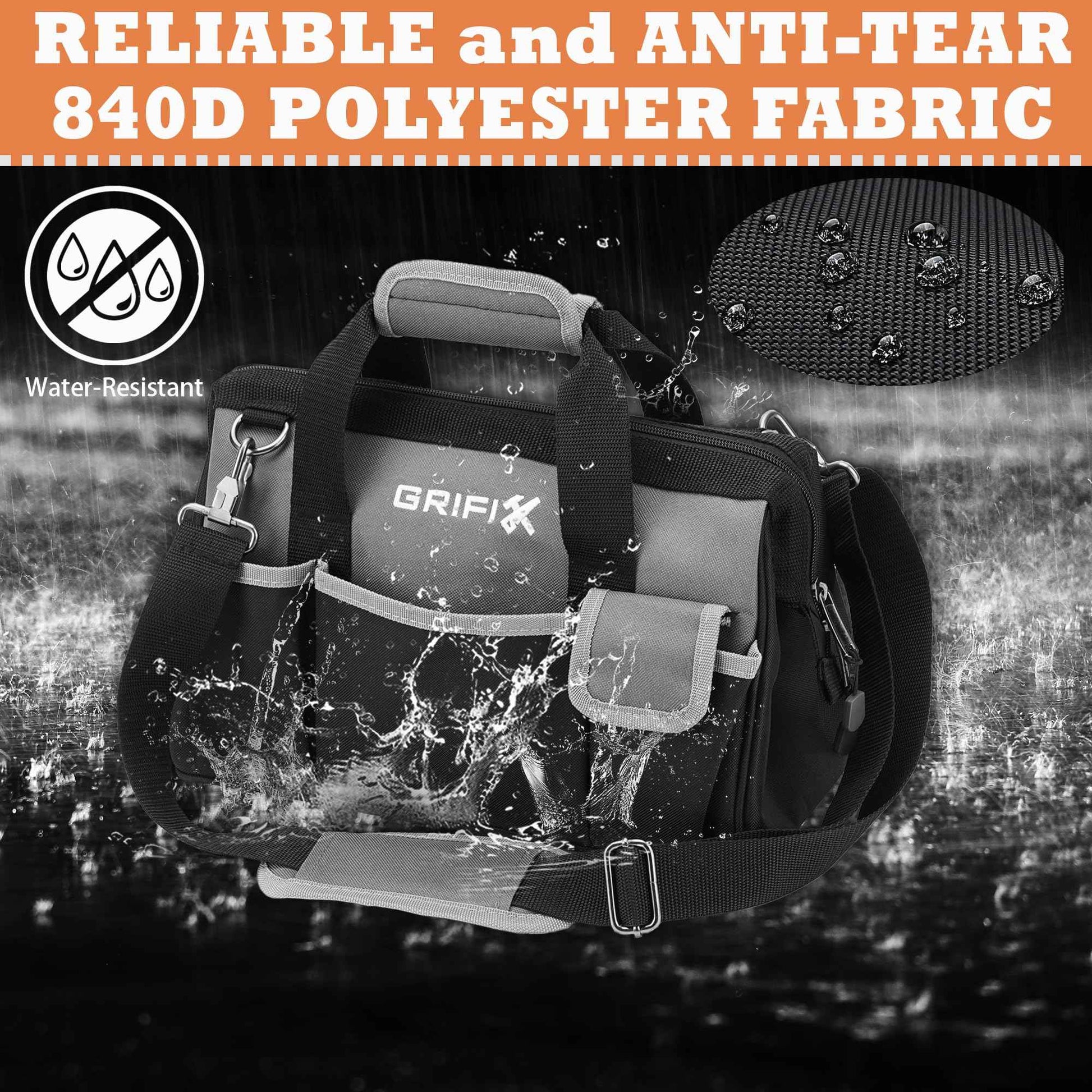 GRIFIX 14-inch Tool Bag, Portable Tool Box Organizer Storage, Wide Mouth Tool Tote Bag with Large Zipper, 14-Pocket Adjustable Shoulder Strap and Ergonomic Handle (14" Standard Base)