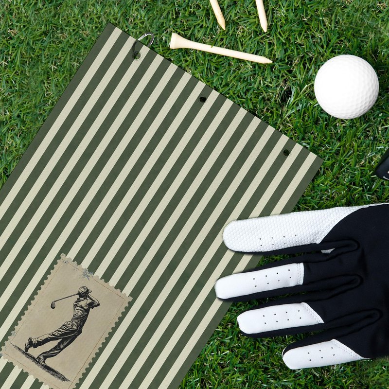 BCUANGD Vintage Golf Towel - Retro Green Stripe Golf Bag Accessories Towel, Trendy Preppy Disc Weave Waffle & Ball Towels with Carabiner Clip Birthady Gifts for Golfer Dad Grandpa Men, 16"x24"