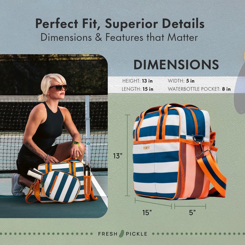 Fresh Pickle Lola Pickleball Tote Bag for Women - Designer Pickleball Bag with Paddle Storage, Zip Pockets & Shoulder Strap, Chic, Durable, Water-Resistant Pickle Ball Bags, Navy/Stripe
