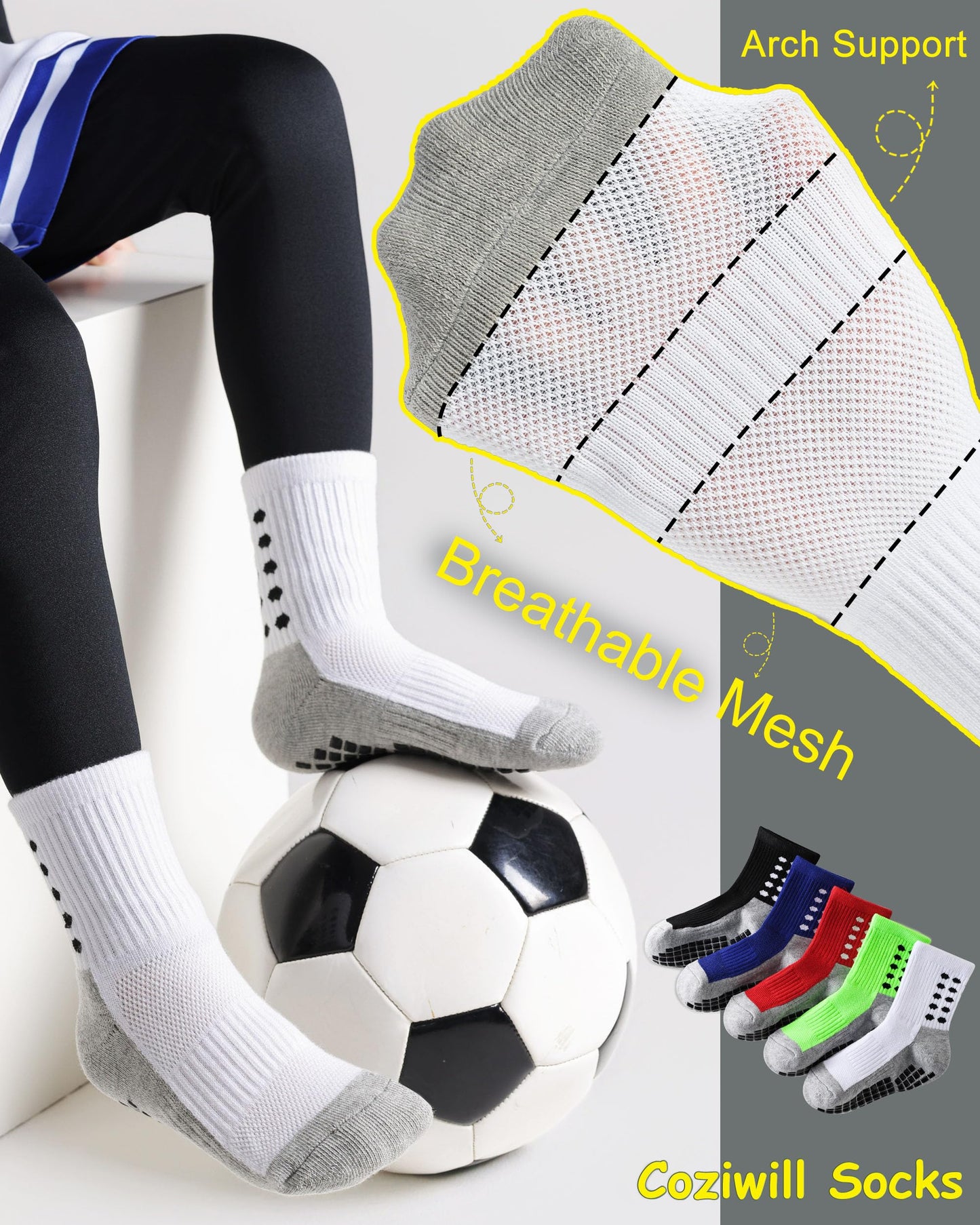Kids Grip Socks Soccer Boys Football Non Slip Socks Girls Cushioned Running Athletic Crew Grip Sock 10-12 Years Kids Youth 6 Pairs(3Black+3White, L)