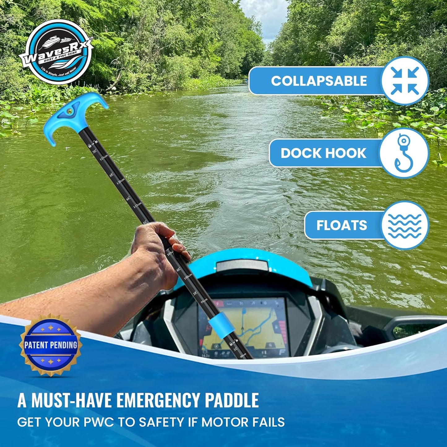 WAVESRX Telescoping Paddle - Adjustable 24" to 54" with Docking Hook & Depth Gauge | Essential Boating Accessory