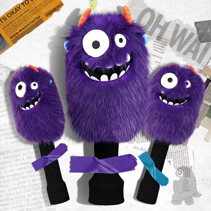 LZFAN Funny Golf Headcover, Animals Plush Driver Headcover Fairway Hybrid Headcover, Golf Club Head Covers Gift for Men Women Purple Monster