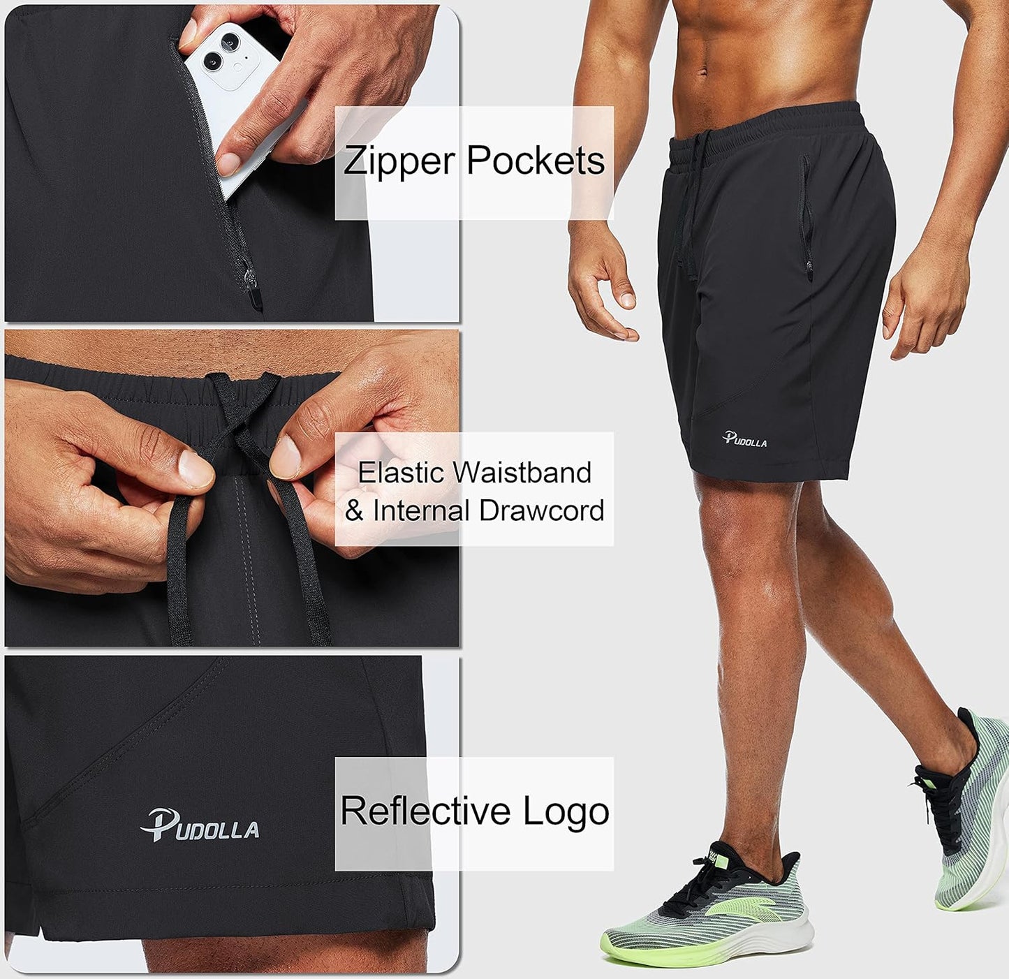 Pudolla Men's Athletic Running Shorts - Lightweight Gym Shorts with Zipper Pockets | 7"/5"/9" Sizes