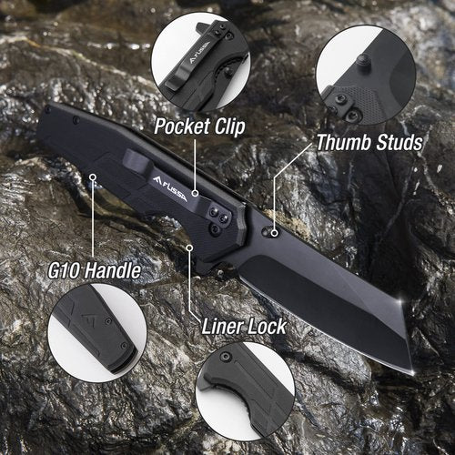 FLISSA Pocket Knife, 3.5" Folding Stonewash Blade Tactical Knife, G10 Handle, for Outdoor, Survival, Hunting and Camping, Thoughtful Gift for Dad
