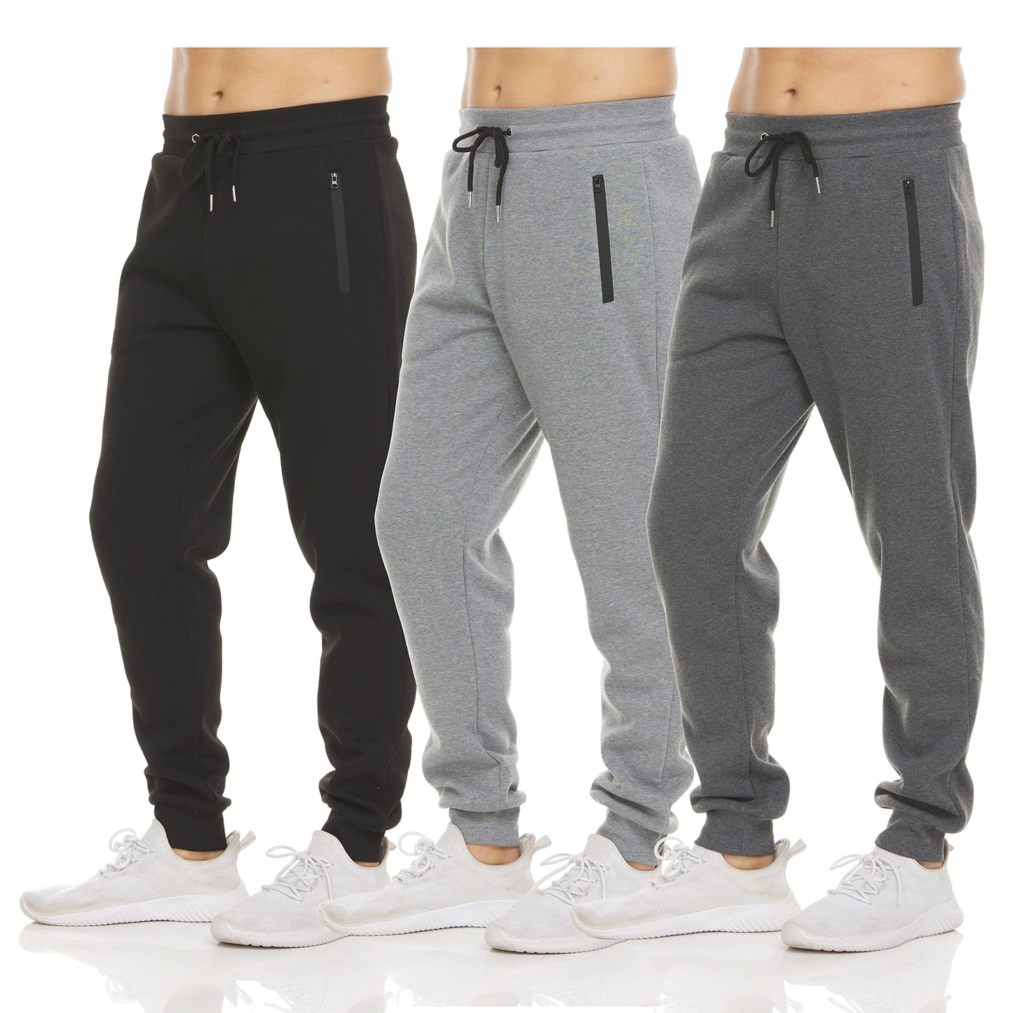 PURE CHAMP Mens Sweatpants 3 Pack Fleece Active Athletic Workout Jogger Sweatpants for Men with Zipper Pocket Size S-3XL (Large, Set 1)