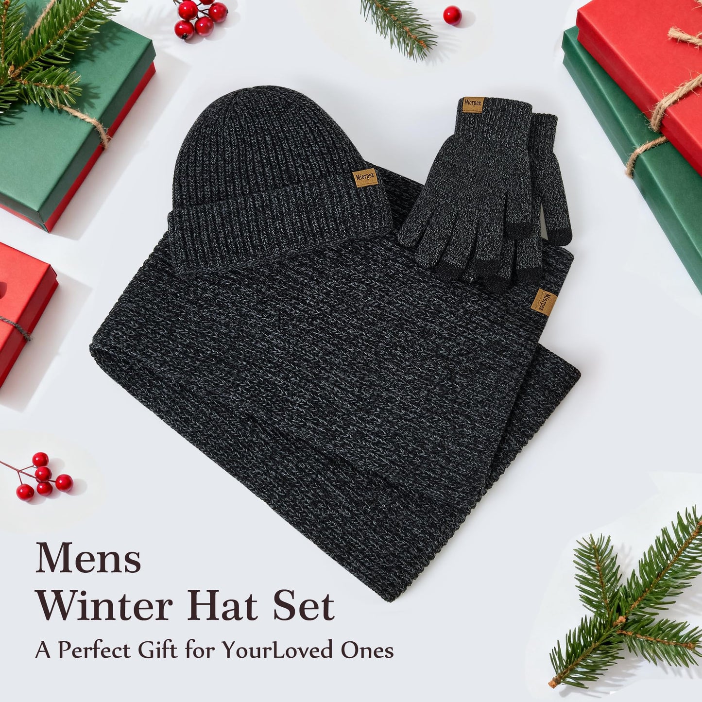 Miorpex Mens Winter Beanie Hat Touchscreen Gloves Long Scarf 3 Set with Warm Fleece Lined Knit Caps Scarves for Men Women Black