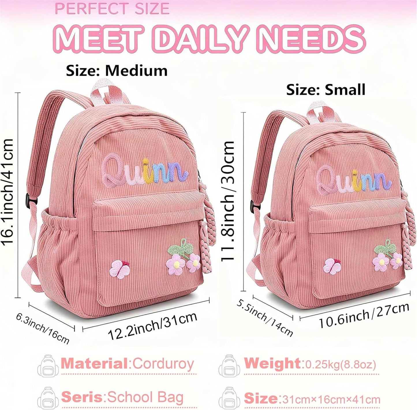 WANSHUNLMI Personalized Corduroy Kids Backpack - Custom Name School Bag for Toddlers | Available in Pink, Sizes M & S