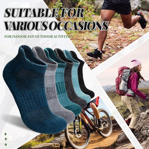 SeeyAN Merino Wool Ankle Hiking Socks For Men & Women No Show Running Athletic Support Thick Cushioned Breathable Socks 6 Pairs (Blue & Green, 9-11)
