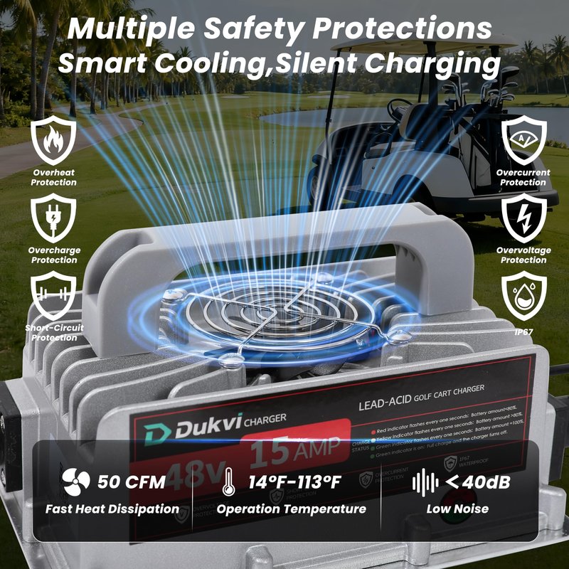 DUKVI 48V 15A Golf Cart Battery Charger for Club Car 3-Pin Round Plug,Smart Charger for Lead Acid Battery, IP67 Waterproof, Multi-Protection