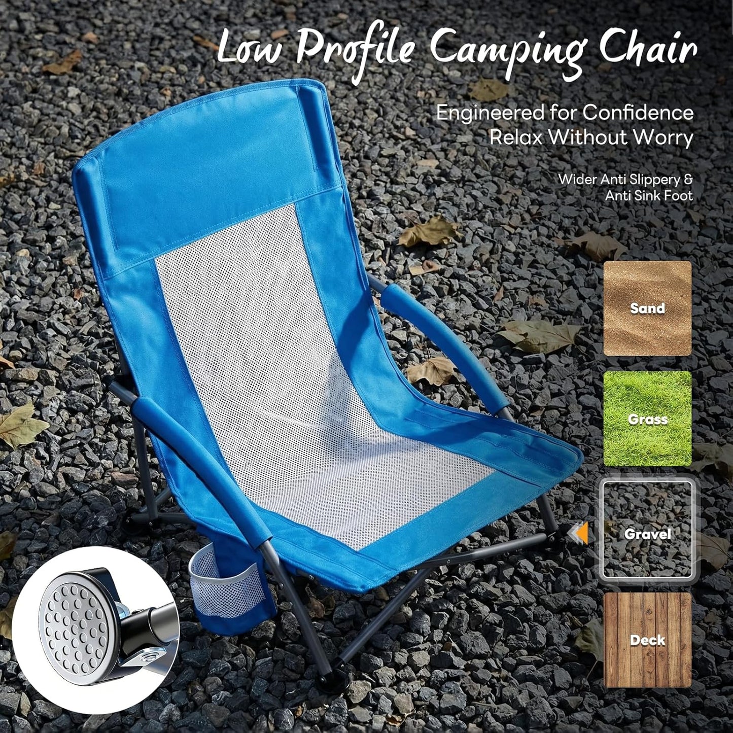 NEWBULIG Low Beach Chair - Portable Folding Camping Chair with Cup Holders & Carry Bag | Extra Wide Seat, High Back, Blue