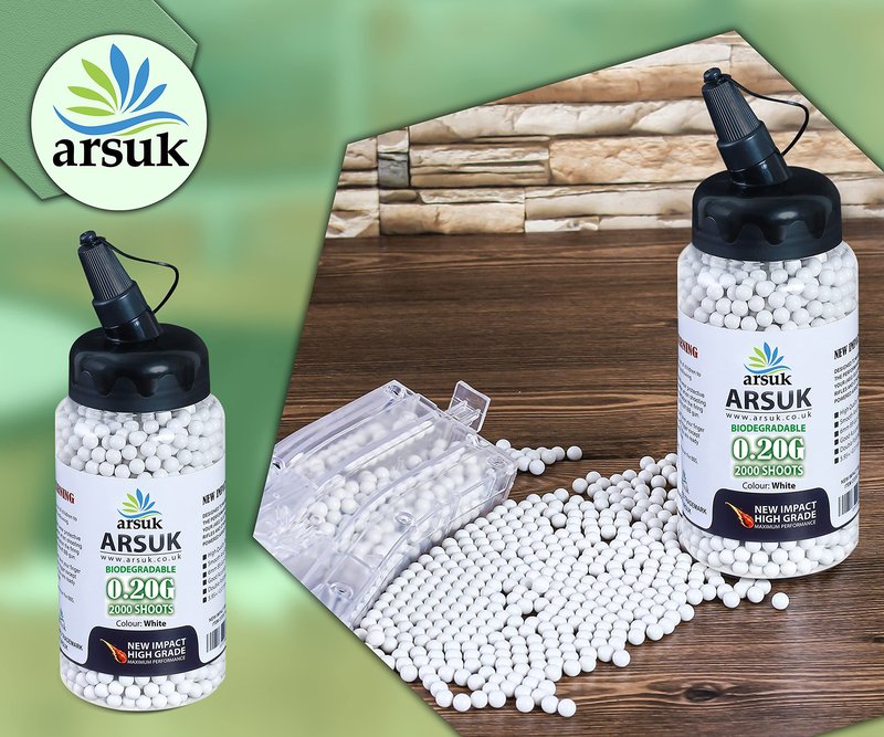 ARSUK Biodegradable Airsoft BB Pellets – 6mm White – 0.20g Seamless Plastic Rounds for Reliable Practice, Training, and Recreational Play – Pack of 2000