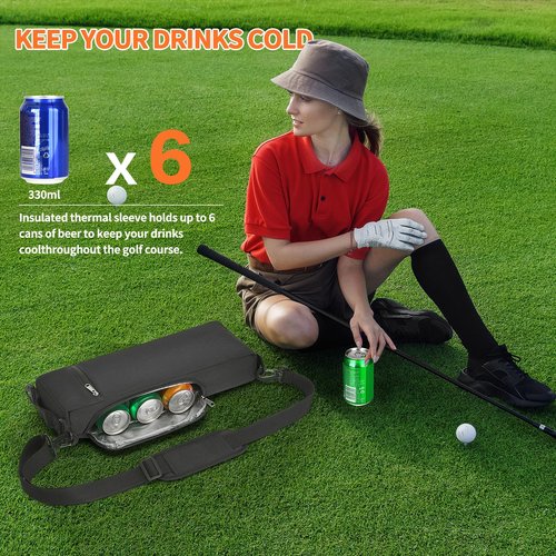 Golf Cooler Bag for Men Women, Small Soft Insulated Beer Cooler Holds 6 Pack of Cans or Two Wine Bottles, Portable Golf Accessories Cooler Sleeve for Camping Picnic Beach Outdoor (Black)