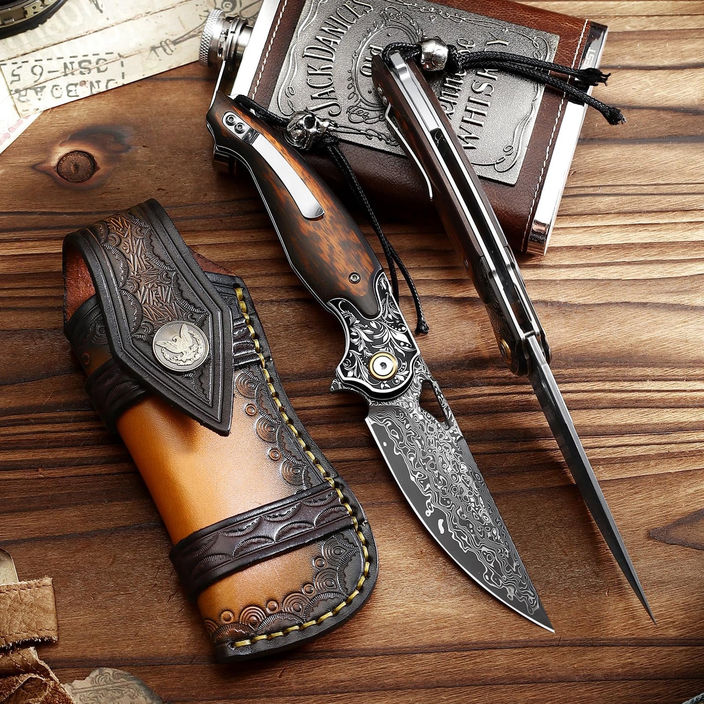 Handmade Men's and Women's EDC Pocket Knife，Damascus Steel Folding Knife，Features a leather sheath and pocket clip.Non-slip wooden handle，For mountaineering trips, outdoor adventures, and jungle camping