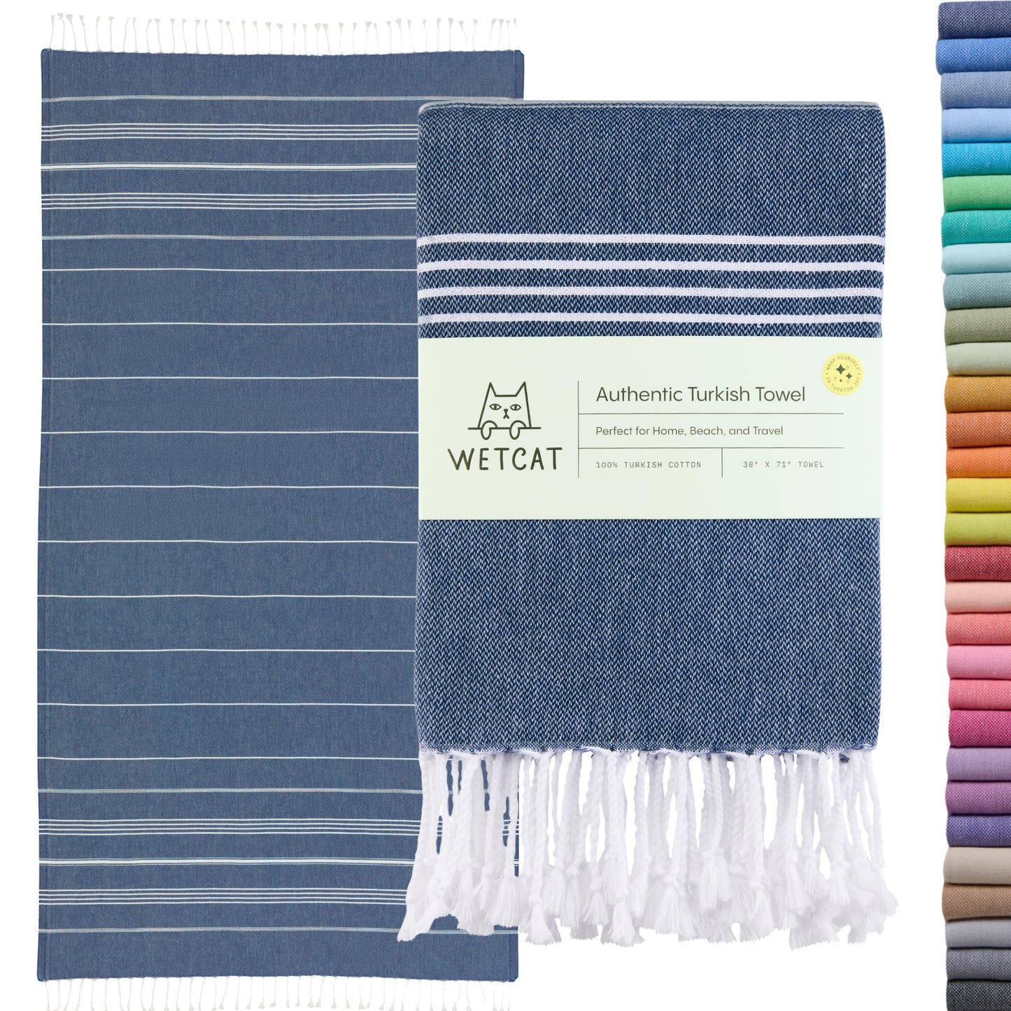 WETCAT Turkish Beach Towel Oversized (38"x71") 100% Turkish Cotton, Made in Turkey - Sand Free, Extra Large, Ultra Soft, Quick Drying, Compact & Lightweight for Travel - Dark Blue