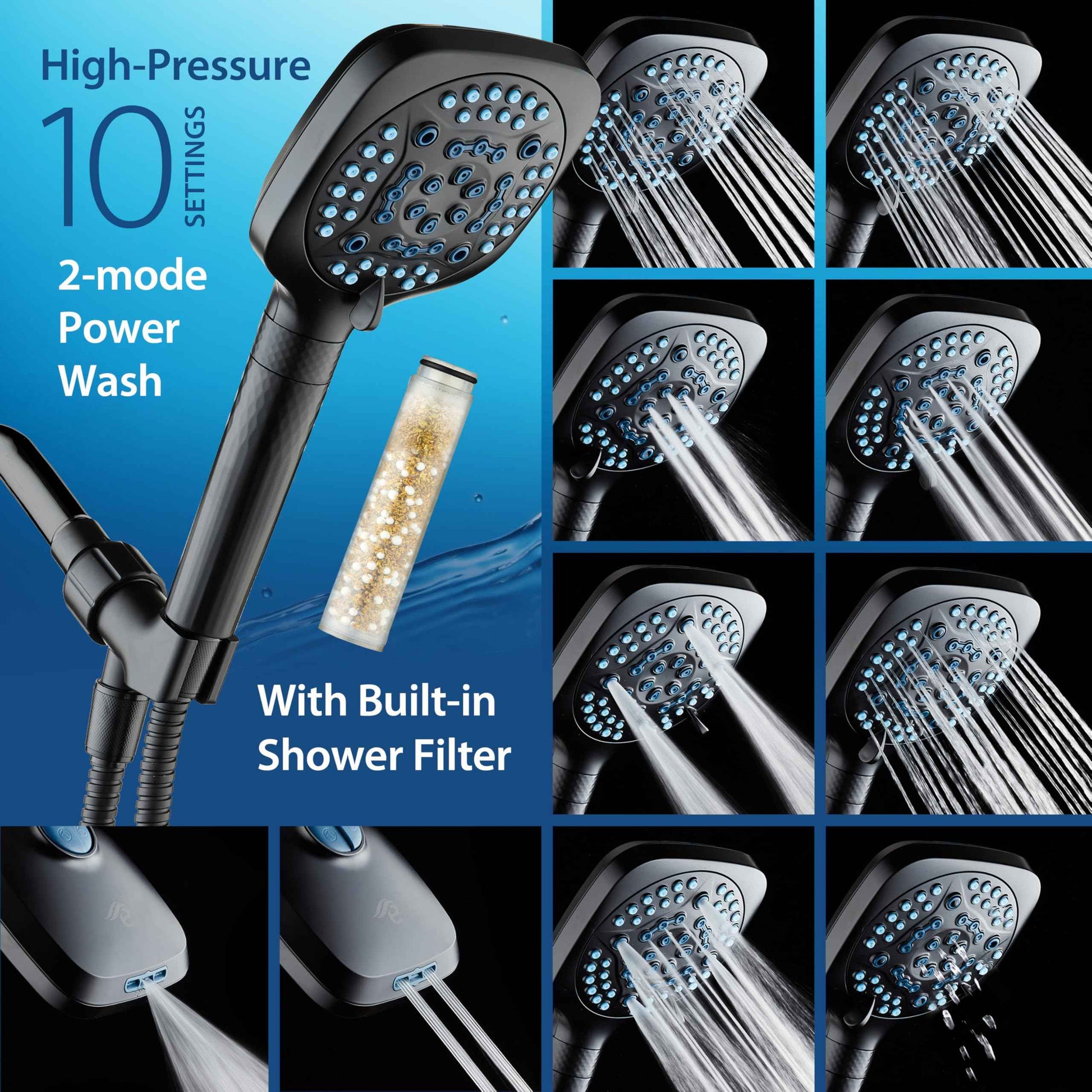 AquaCare 4X High Pressure 10 Spray Mode Filtered Showerhead - Handheld Shower Head Filters Chlorine to Heal Dry Skin, Revive Hair - Dual Power Wash Cleans Tub, Tile, Pets - Hard Water Softener, Black