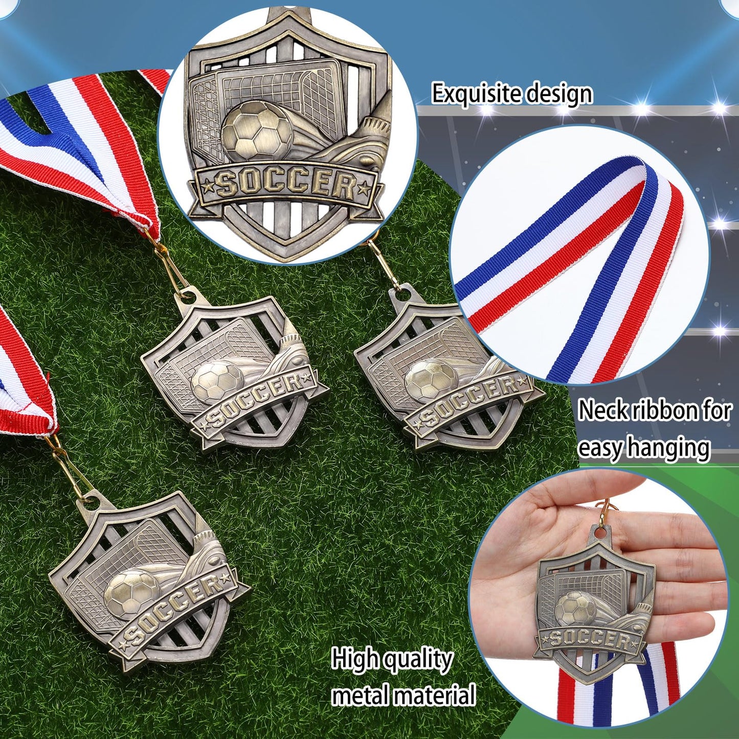 Cunno 24 Pcs Soccer Award Medals Gold Medals Bulk 2 Inch Soccer Trophy Medal with Neck Ribbons for Team Sports Participation Tournaments Prize Gift League School Awards